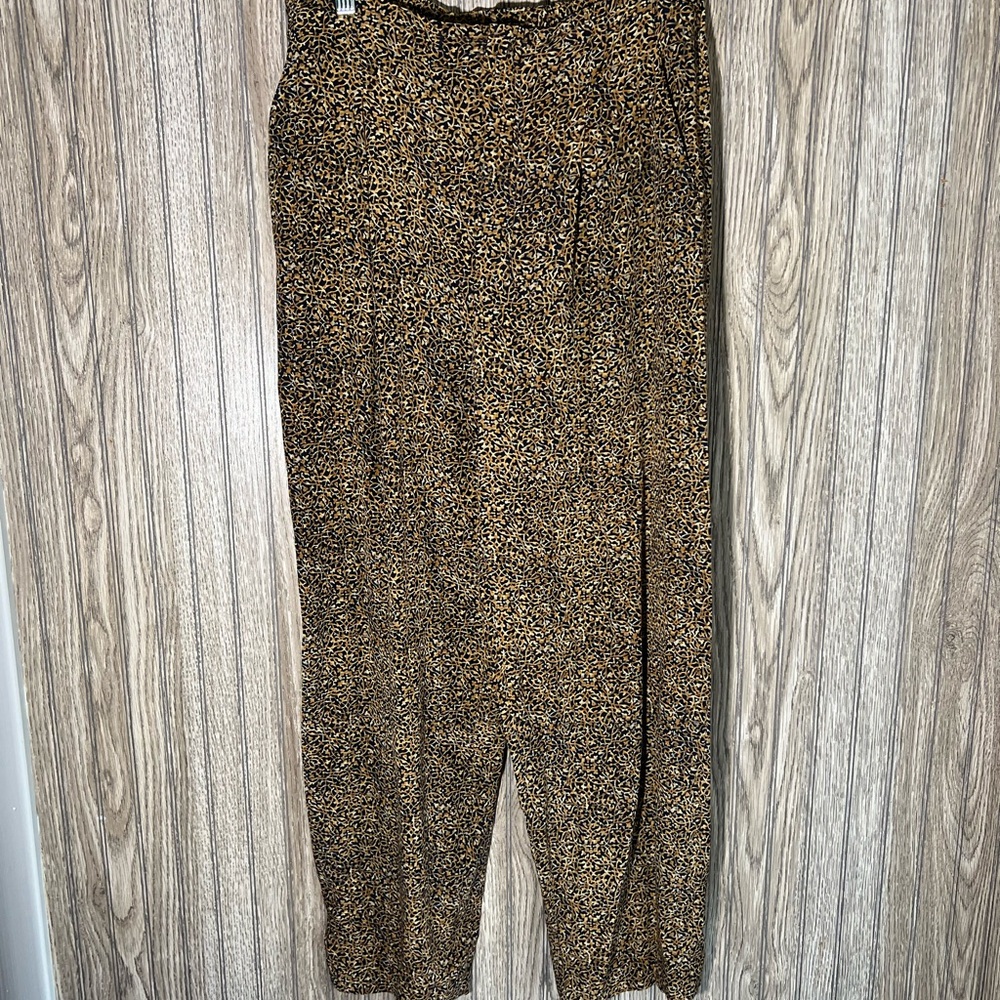 Vintage 90’s Navy Blue Gold Printed Silk Preppy Straight Leg High Waisted Pants